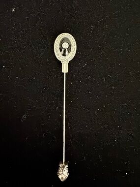 Vintage Signed Monet Antique-Style Silver Stick Pin with Black Onyx and Crystals